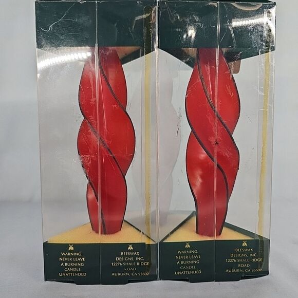 Swirl Red Candle Taper BeesWax Design Spiral Set of 2 VTG USA Cali 8.5'' NIB - Picture 2 of 16